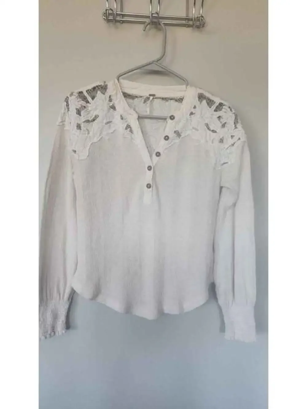 Free People Natural Lace Henley Top with Open Work and Fine Crochet